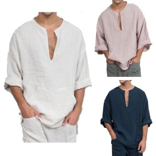 Medieval Costume Cosplay Linen Shirts Men Solid Color V-neck Top with Disguised Pocket Viking Breathable Halloween Carnival Wear