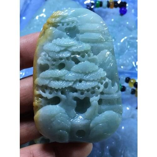 Natural 7A Myanmar jade hollow Handcarved mascot of landscape jade emperor green jade pendant jade necklace pendants jewelry