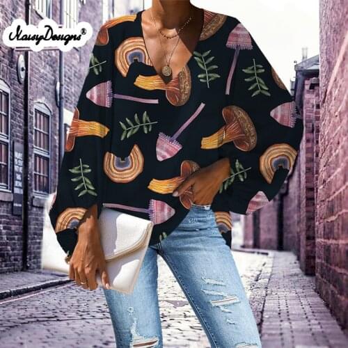 Noisydesigns Mushroom Print Women Blouse 4xl Shirt 2021 Fahsion Puff Sleeve Elegant Tunnic Top Blusas Mujer Custom Dropshipping