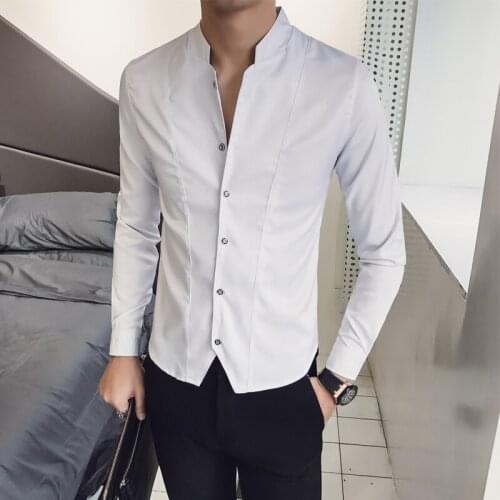 2019 New Boutique Thin Solid Color Fashion Design Stand Collar Mens Casual Social Long-sleeved Shirts Male Slim Leisure Shirts