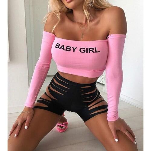 Sexy Fashion Letter Off Shoulder Long Sleeve T-Shirts Women Slim Fit Crop Tops Chic Slash Neck Bodycon Tees Clubwear
