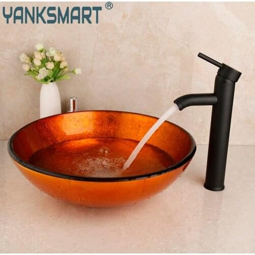 YANKSMART Brown Glass Tempered Washbasin Sink Matte Black Bathroom Faucet Combo Kit Waterfall Deck Mounted Mixer Tap With Drain