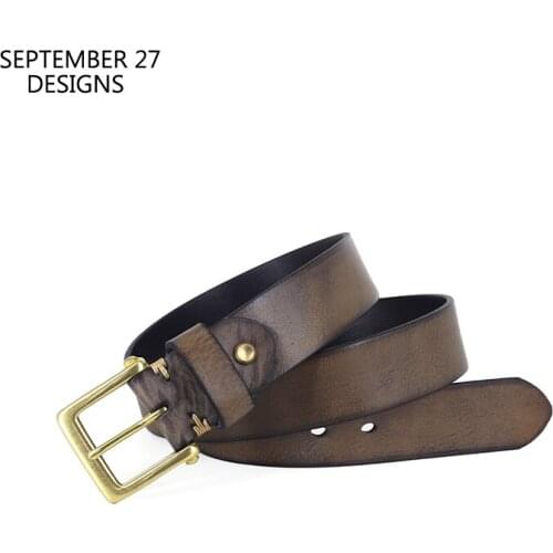 Men Vintage Belts Vegetable Tanned Cowhide Leather Luxury Handmade Young Casual Brass Copper Pin Buckle Belt Genuine Leather