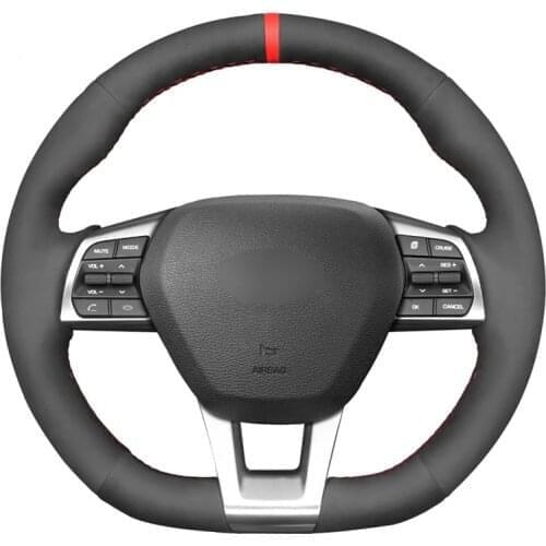 Hand-stitched Black Suede Red Marker Car Steering Wheel Cover for Hyundai Sonata 9 (3-Spoke | D-Shape) 2015 2016 2017 2018 2019