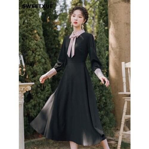 SWEETXUE 2020 Ladies Retro Black Pink Contrast Lapel Long Sleeve High Waist Bow Tie Fashion Elegant Party Dress Female vestidos