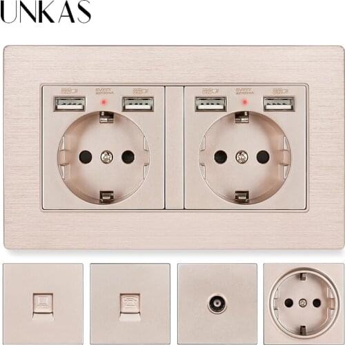 UNKAS Gold Aluminum Panel EU / French Socket Dual USB Charge Port Hidden Soft LED + Female TV RJ45 Internet RJ11 Telephone Jack