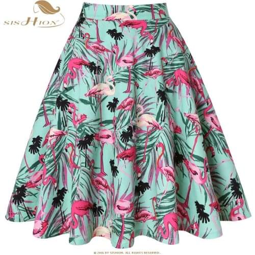 SISHION Summer Flamingo Print Skirts Cotton Women Ladies School A Line Knee Length High Waist Green Swing Vintage Skirt VD0020