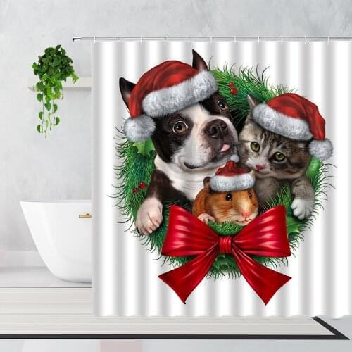 Cute Cats Dogs Shower Curtains Funny Animals Merry Christmas Holiday Decoration Background Waterproof Bath Curtain Set Washable