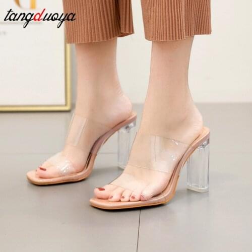 PVC Transparent High Heel Ladies Slippers Sexy Peep Toe Crystal Square Heel Women Sandals Beach Shoes slippers highheels sandals