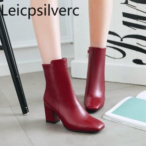 Womens Boots winter The New fashion Solid Square head zipper Thick heel High heel Short tube Womens shoes plus size 32-43