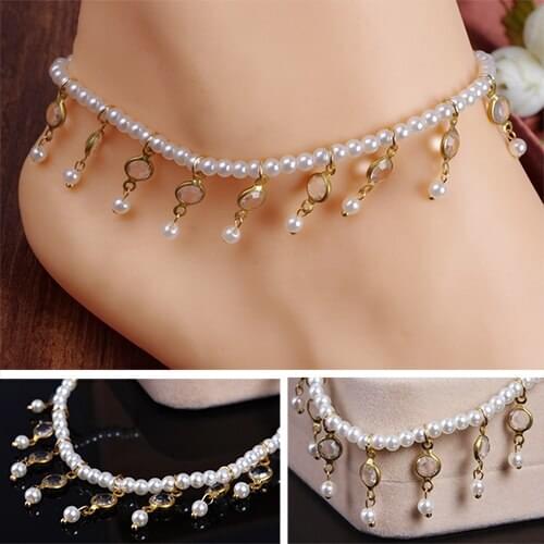 Womens Rhinestone Faux Pearl Anklet Bracelet Tassels Barefoot Ankle Foot Jewelry 2015 6VXK