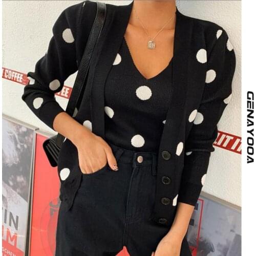 Genayooa Streetwear Women Knit Set 2020 New Autumn Long Sleeve Polka Dot Sweater Vest And Cardigan Sexy Two Piece Outfit Korean