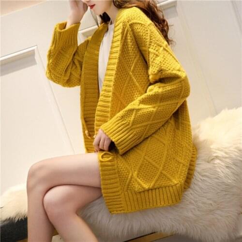 Women Red Knitting Cardigan Sweater Rhombus Horn Buckle V-Neck Long Sleeve Loose Plus Size Autumn Casual Knit Cardigans Tops