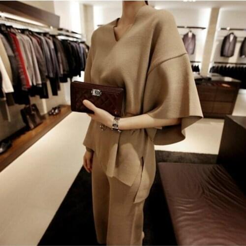 2 sets of womens spring and autumn new fashion V-neck bat sleeve knit loose shirt was thin wool wide-leg pants knit suit women