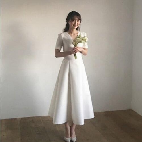 2021 New Design V-Neck Short Sleeve Satin Ankle Length Backless Lace-up Simple Plain Wedding Dress Bride Gown Vestidos De Novia