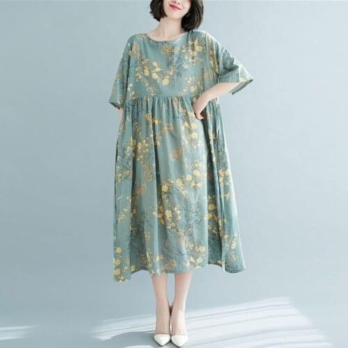 Oversized Women Cotton Linen Casual Dress New Arrival 2021 Summer Vintage Style Floral Print Loose Female Long Dresses S3780