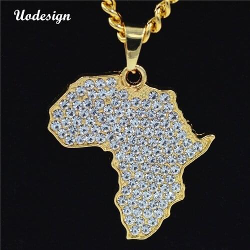 Africa Map Pendant Necklace Rhinestone Crystal Gold Color Pendant & Chain For Men/Women Gift Hiphop African Map Jewelry