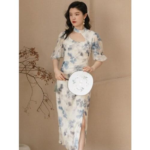Chinese Style Oil Painting Retro Print Cheongsam Dress Summer Halter Hollow Sexy Elegant Floral Midi Dress Women