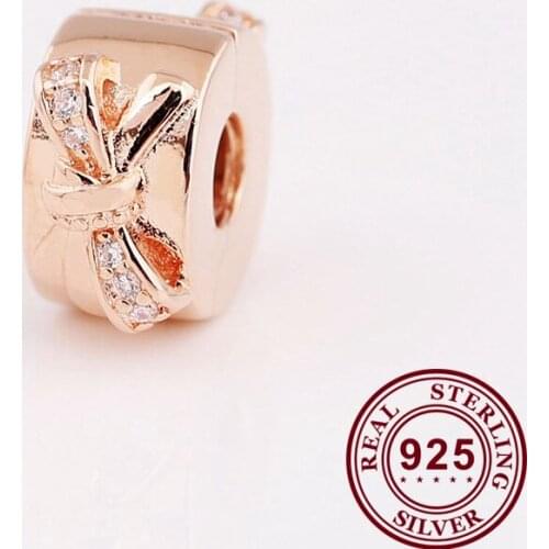 100% 925 Sterling Silver Charm Rose Gold Round Bow Clip Fit Pandora Women Bracelet & Necklace Diy Jewelry