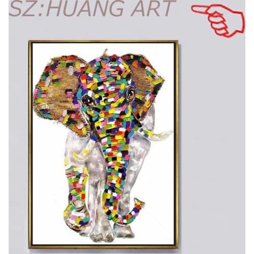 100% Hand Drawn Colorful Elephant Oil Painting Picture Canvas Wall Decor Art Modern Cartoon Animal Paintings Artwork And Craft