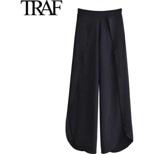 Traf Za 2021 Summer Streetwear Women Black High Waist Wide Leg Pants Korean Fashion Loose Trousers Mujer