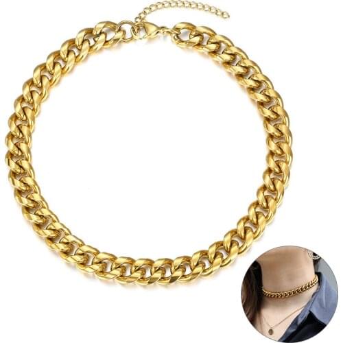 New Fashion Jewelry 11mm Big Chunky Curb Chain Choker for Women Girls Statement Necklace Gold Color Stainless Steel DDN178