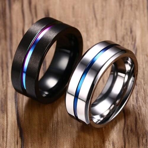 8mm Black Ring for Men Women Groove Rainbow Stainless Steel Wedding Bands Trendy Fraternal Rings Casual Male Jewelry