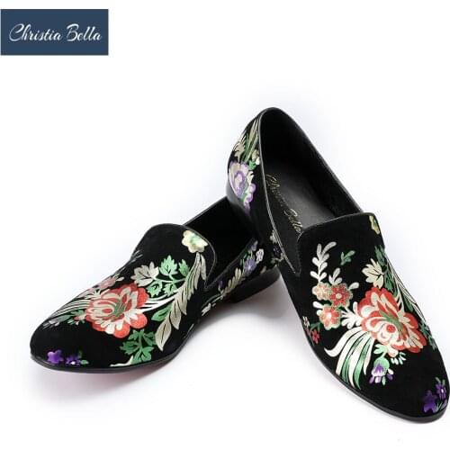 Christia Bella British Style Fashion Flowers Printing Men Loafers Fashion Party Prom Men Dress Shoes Slip on Smoking Slippers