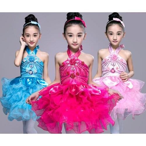 Children Latin Grass Performance Clothing Pink Puffy Princess Dress Girls Jasmine Chorus Suit Modern Dance Ballet Dress