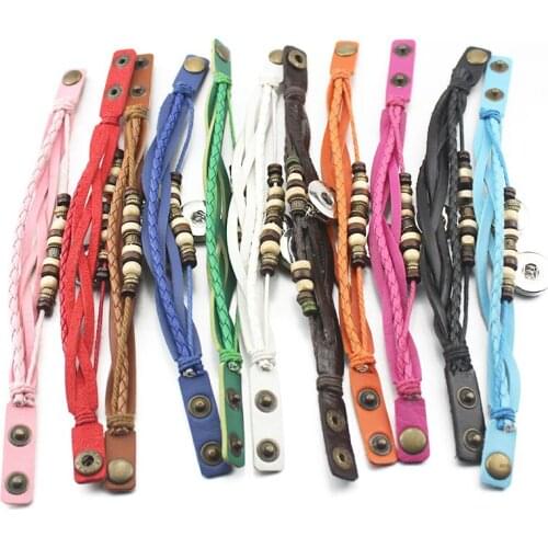 Hot Sale 11 Colorful Beauty Retro Handmade Braided PU Leather Bracelet Snap Button Bracelet fit 18mm Snap Buttons Jewelry Women