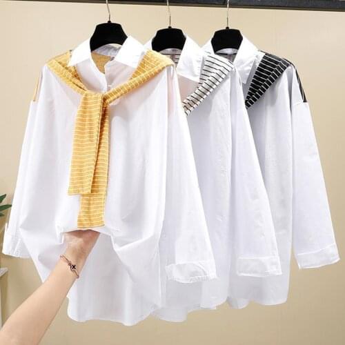 False 2 Pieces Women Shirts Autumn New 2021 Loose Long-Sleeved Casual All Match Striped Office Lady Outwear Coats Tops