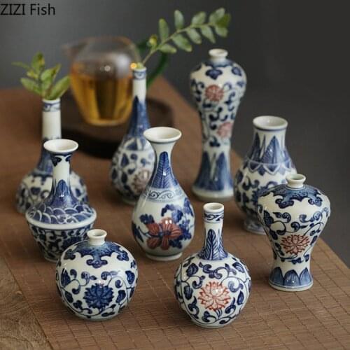 Classic Ceramic Vase Antique Blue and White Porcelain Floral Arrangement Painted Mini Vases Vintage Home Decor Crafts Ornaments
