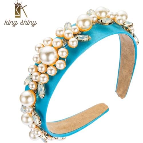 King Shiny Baroque Imitation Pearl Leaf Headband Elegant Sparkly Crystal Beaded Solid Color Fabric Hairband Girls Party Headwear