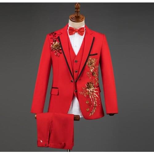 Red blazer men groom suit set with pants mens suits Sticky Flower costume singer star style dance stage clothing formal dress