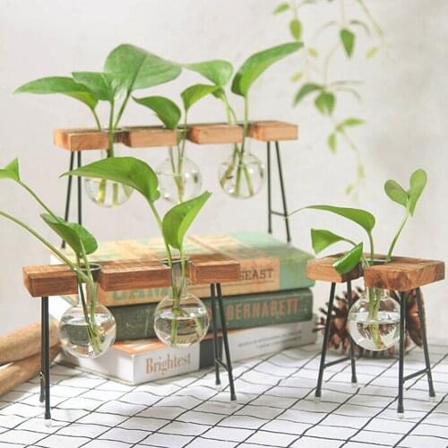 Creative Glass Bottle Vase Hydroponic Plant Wooden Frame Transparent Flower Pot Set Coffee Shop Room Decor Table Desk Decoration