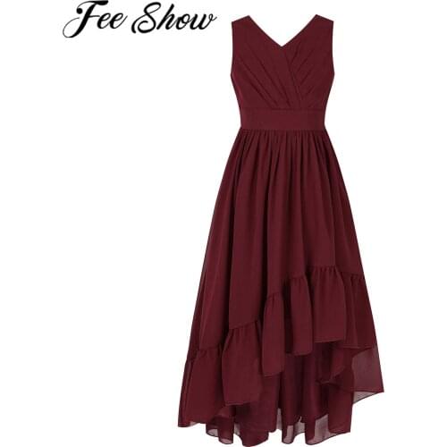 Summer Girls Dresses V Neck Ruffle High-low Chiffon Prom Princess Partywear Kids Vestidos Pageant Wedding Flower Girls Dresses