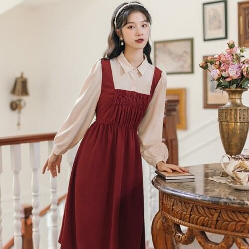 Gentle Cute Dress Lapel Femininas Shirt Apricot Stitching Red Fold Elegant French Female Art Elegant Girl Fall Retro Midi Dress