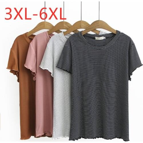 New 2021 summer plus size tops for women large loose casual short sleeve cotton stripe O neck T-shirt pink black 3XL 4XL 5XL 6XL
