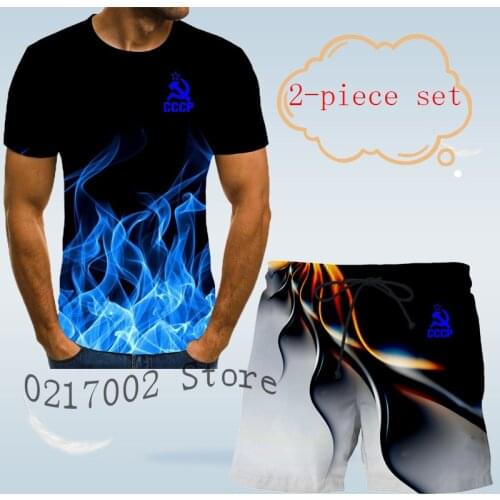 New CCCP pattern suit mens 3D T-shirt suit short sleeve summer casual flower shirt beach two piece suit mens suit top S-6XL