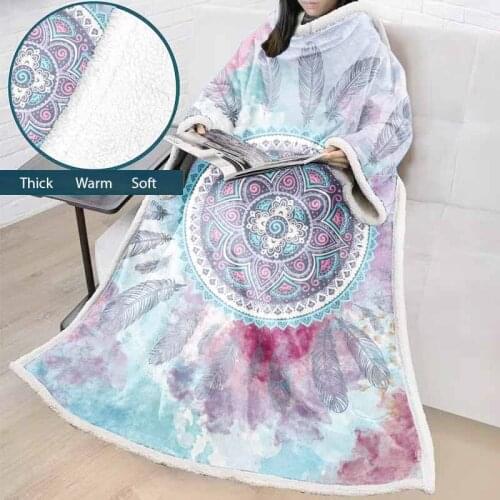 Lannidaa Cartoon Mandala Dreamcatcher Feather Wearable Blanket Warm Throw Blanket With Sleeve Outdoor Sofa TV Office Nap Blanket