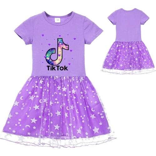 Kids Girls Short Sleeve Clothes Fashion TIK TOK Pattern Tutu Dress Kids Birthday Party Prom Summer Princess Vestidos