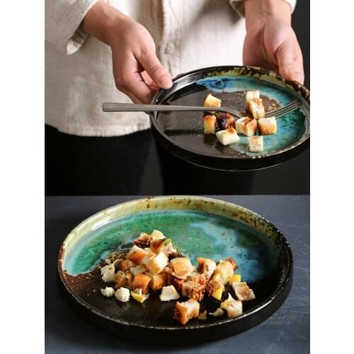 Japanese-style ceramic flat plate creative round western steak pasta plate household fruit salad plate retro round tableware