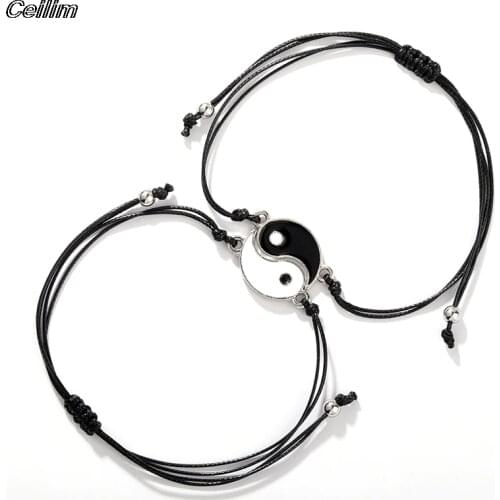 Retro Yin Yang Tai Chi Alloy Pendant Black And White Two-piece Leather Cord Woven Men And Women Couple Bracelet Friendship Gift