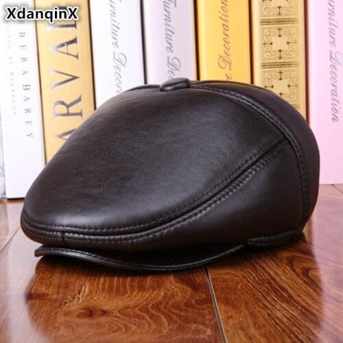 XdanqinX New Winter Womens Warm Fur Hat Genuine Leather Cap Thick Sheepskin Leather Mens Berets Earmuffs Cap Couple Ski Caps