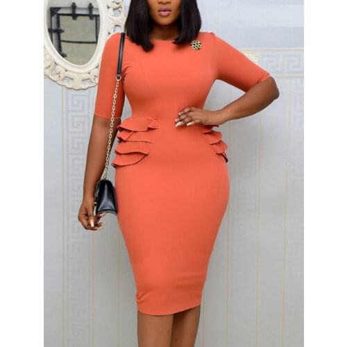 Women O Neck Dresses Bodycon Slim Half Sleeves Elegant Ruffles Office Ladies Work Wear Modest Classy Female Vestidos Elastic New