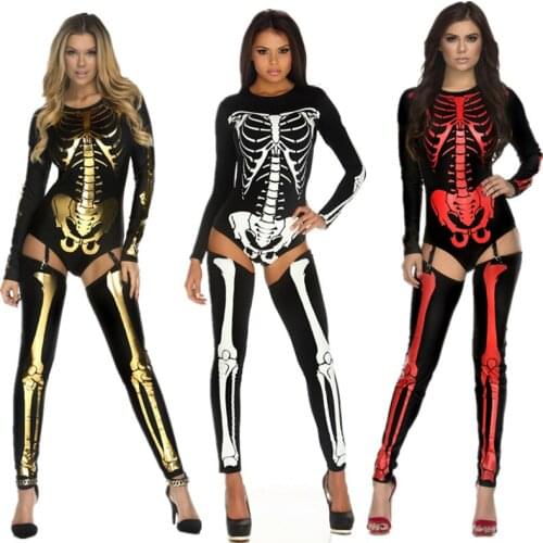 Female Human Bone Costume Scary Halloween Costumes For Women Skeleton Skull Bodysuit+Socks