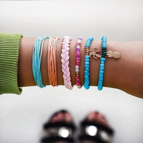6 pcs/set Rainbow Colorful Rope Braided Bracelets Set for Women Green Beads Pineapple Tree Charm Bracelets Ladies Jewelry Gifts