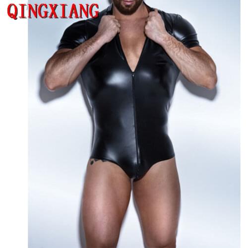 LK33 Men S-3XL Bodysuit Faux leather Bodysuit Plus Size Underwear Stage Dance Wear Corsets Men Body Jumpsuit PVC 2018 Style