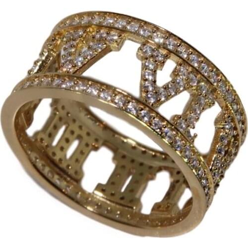 Gold color Micro pave AAAAA cubic zirconia roman numerals design finger rings for women men wide cz wedding band couple jewelry