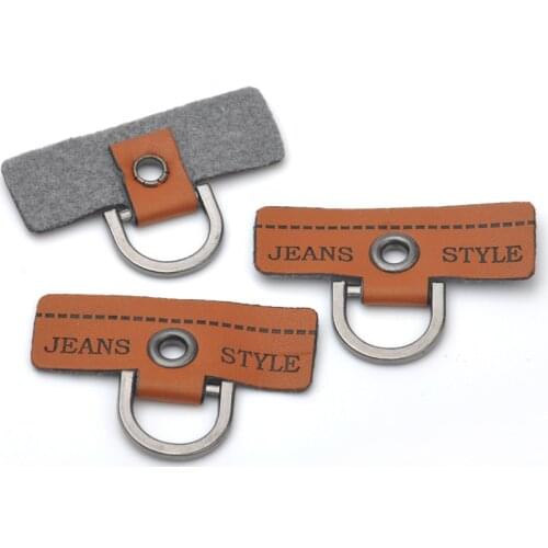 20pcs/lot Brown PU leather Badges sew on label metal alloy logo D rings eyelets for Denim sportswear free shipping PLB-040